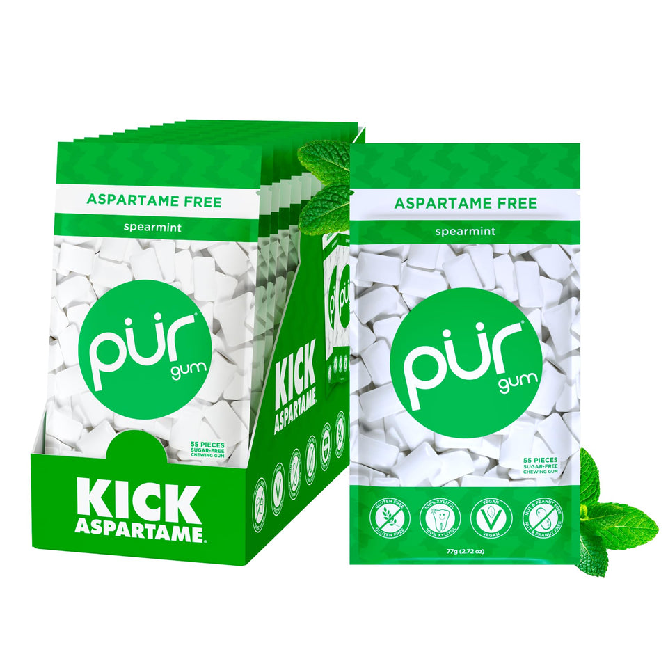 PUR Gum Spearmint bag in resealable packaging for on the go freshness.