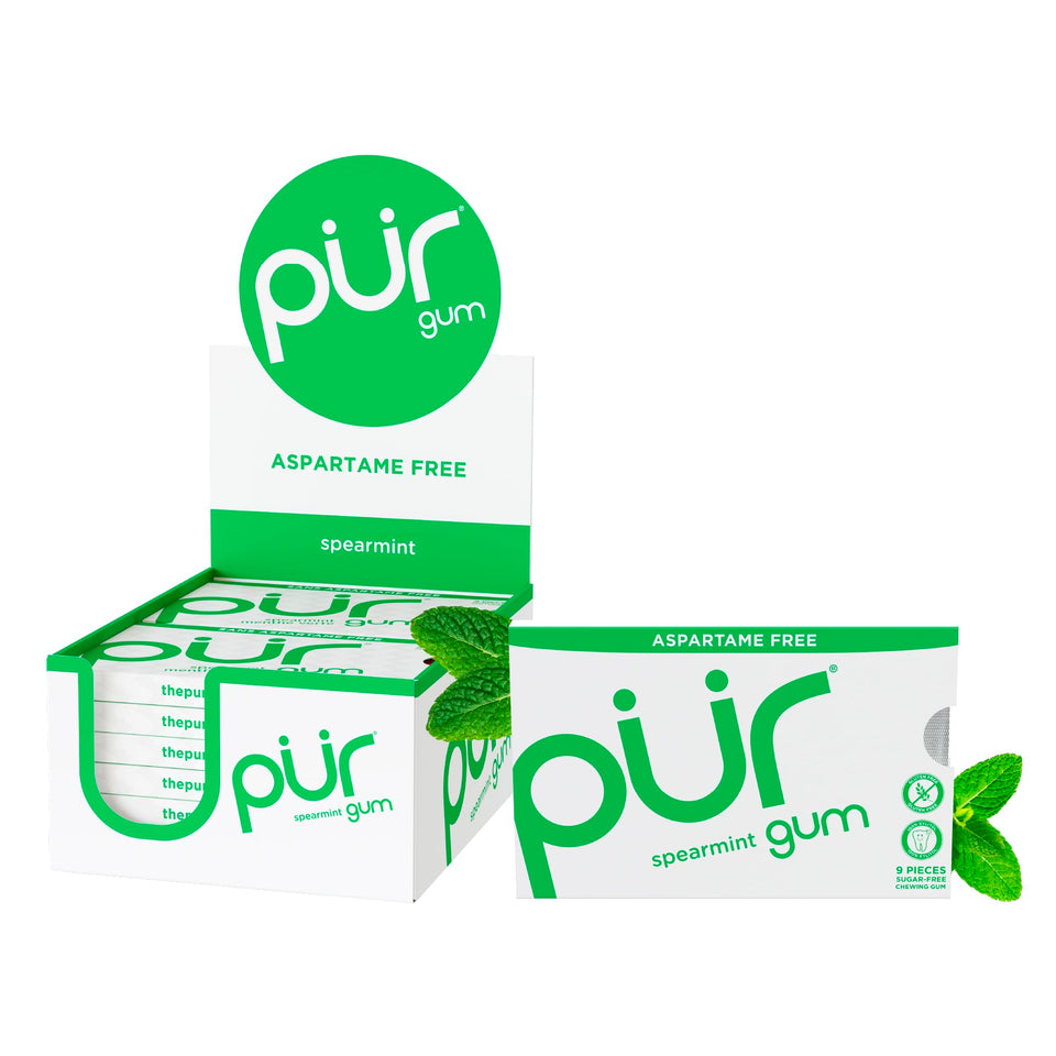 Pur Gum Spearmint blister pack front view showing 9 pieces for on-the-go freshness.