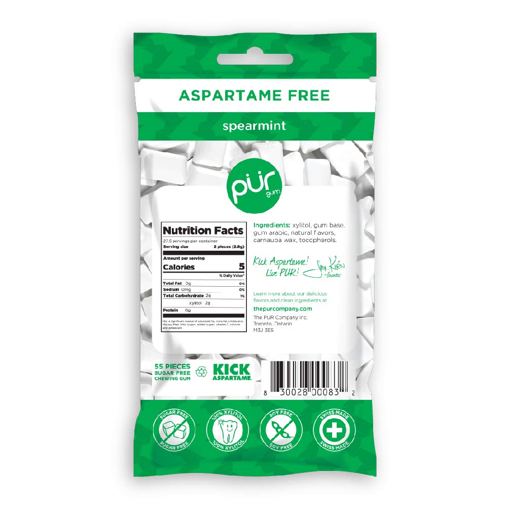 Label close-up of PUR Gum Spearmint with xylitol-sweetened formula and allergen-free notes