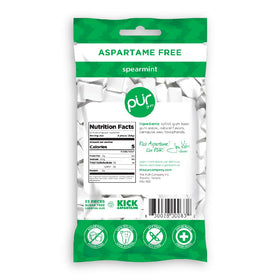 Label close-up of PUR Gum Spearmint with xylitol-sweetened formula and allergen-free notes