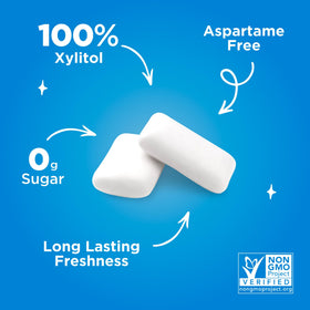 PUR Gum vegan non-GMO badge on package signals allergen-free appeal.