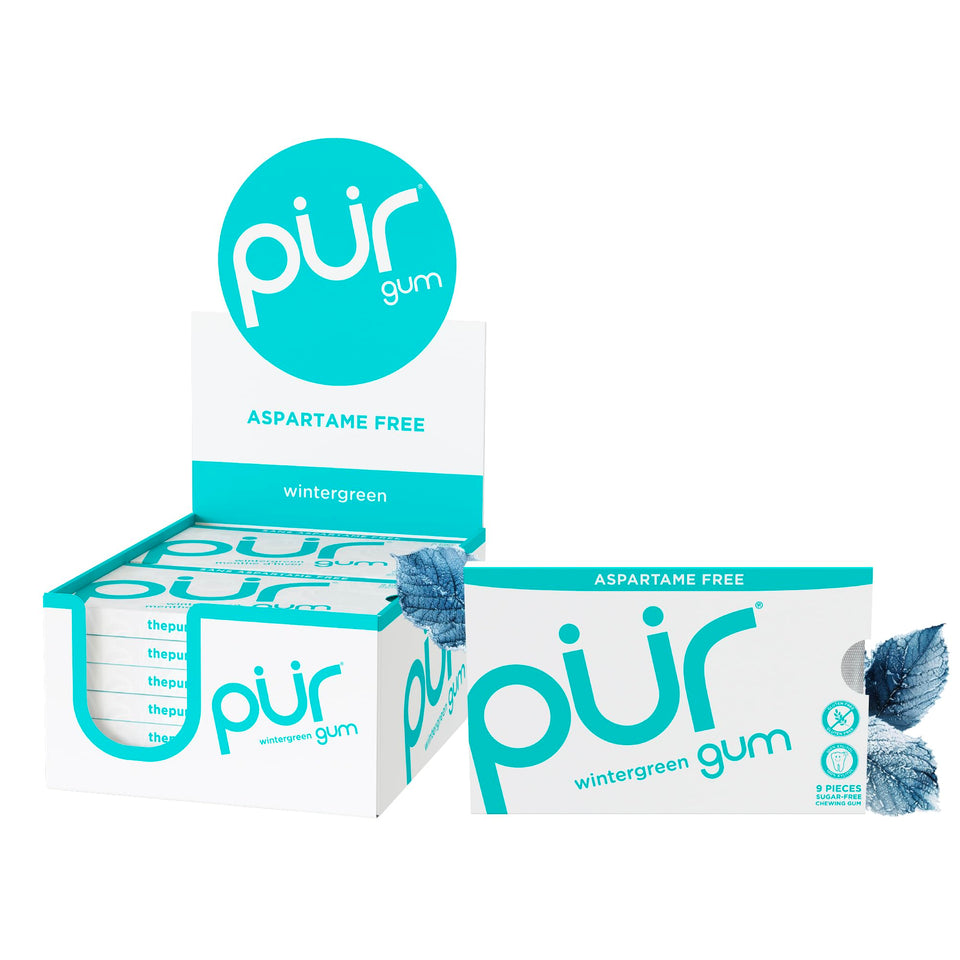 PUR Gum wintergreen blister pack showing refreshing, sugar-free breath boost
