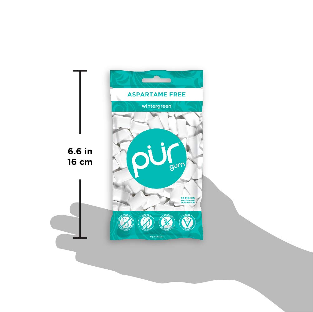 Pur Gum Wintergreen Mint packaging display shows travel-friendly minty refreshment.