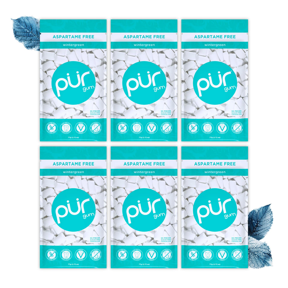 PUR Gum Wintergreen pack front showing resealable bag for on-the-go refreshment.