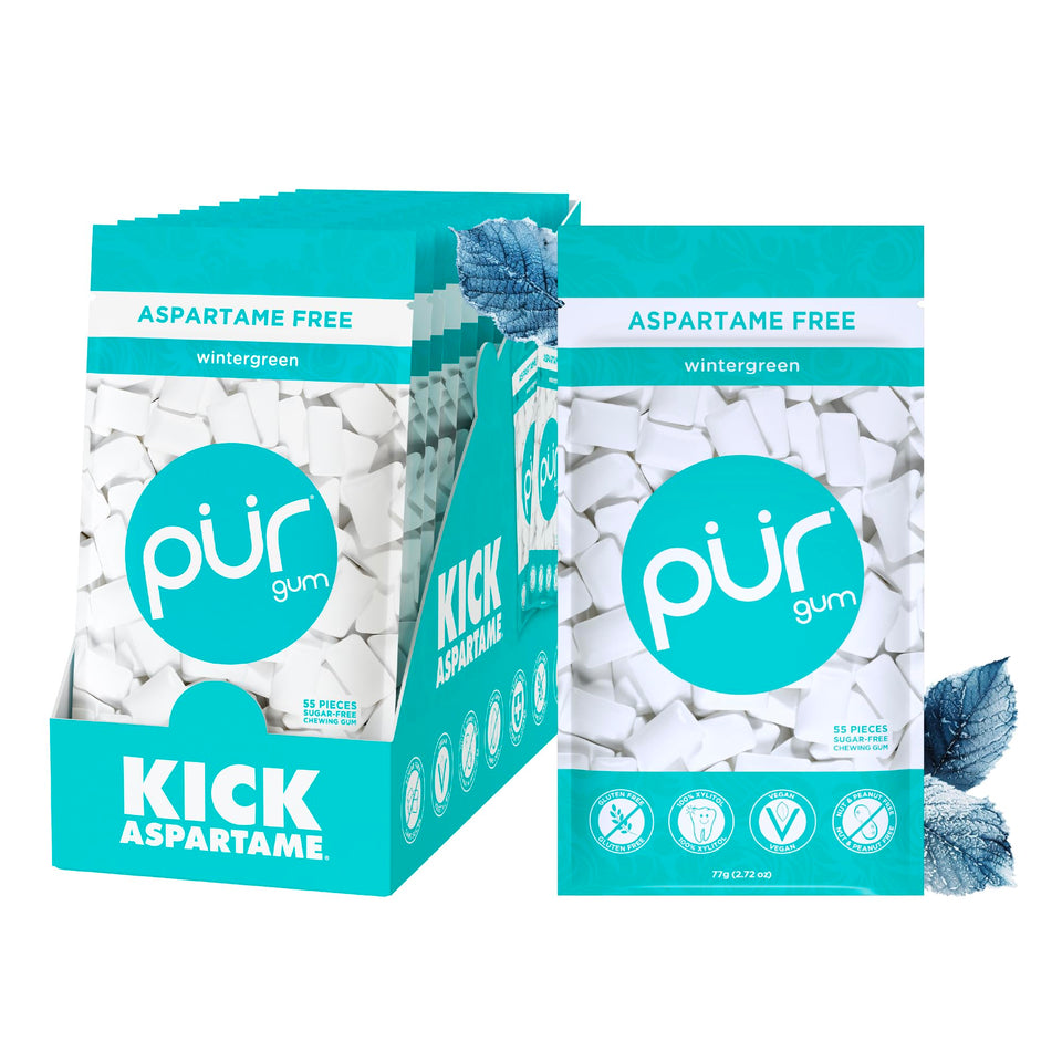PUR Gum Wintergreen twelve-pack with 55 pieces for convenient on-the-go freshness.