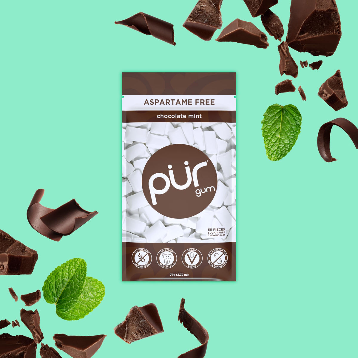 Xylitol ingredient seal on PUR Gum Chocolate Mint packaging.