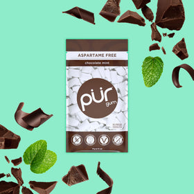 Xylitol ingredient seal on PUR Gum Chocolate Mint packaging.