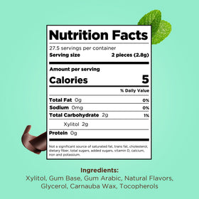 Xylitol-sweetened PUR Gum ingredients label close-up.