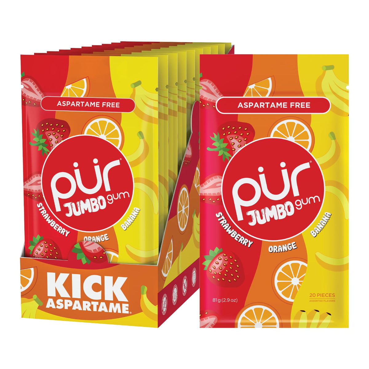 PUR Jumbo Gum strawberry piece for a fruity, long-lasting bite.