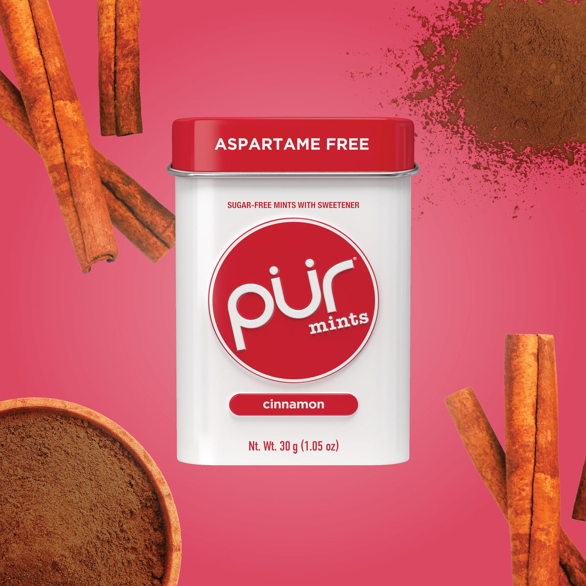 PUR Mints Cinnamon mints on tin illustrate easy on-the-go breath refreshing