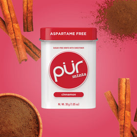 PUR Mints Cinnamon mints on tin illustrate easy on-the-go breath refreshing