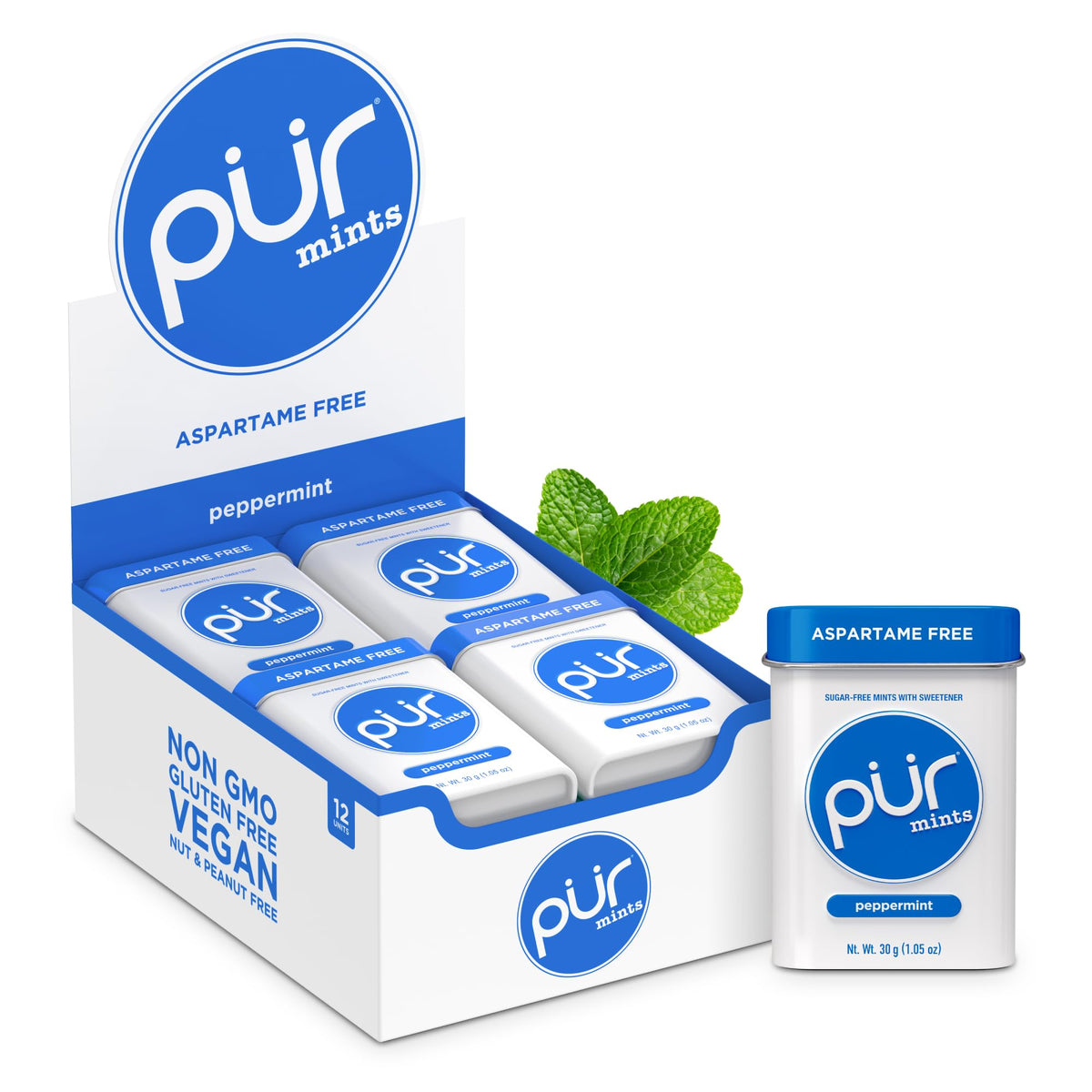 PUR Mints peppermint tin with sugar-free, xylitol-powered freshness