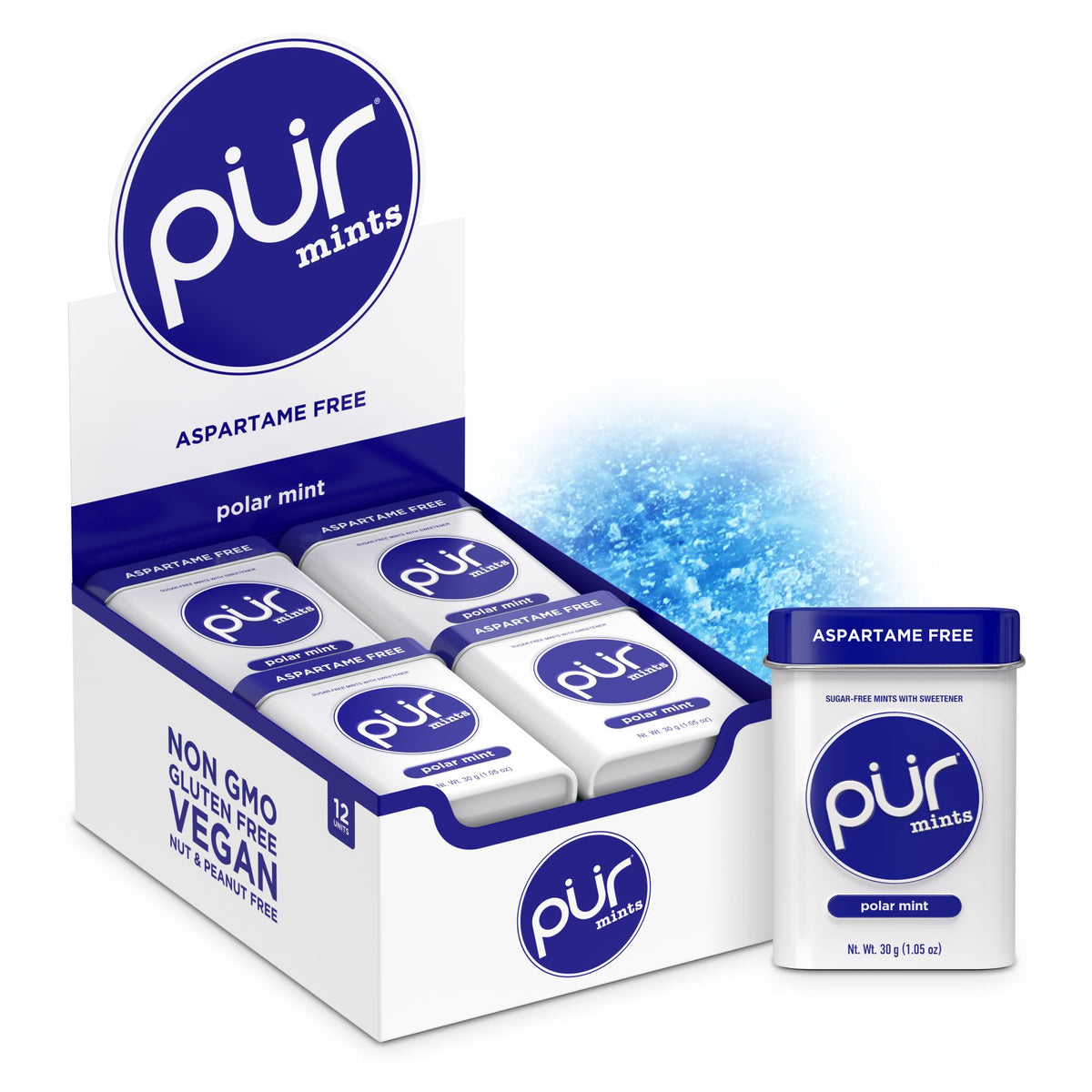 PUR Mints Polar Mint tin with icy flavor for breath refresh.