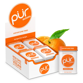 PUR Mints Tangerine Tango tin closeup showing a sugar-free, refreshing citrus flavor.