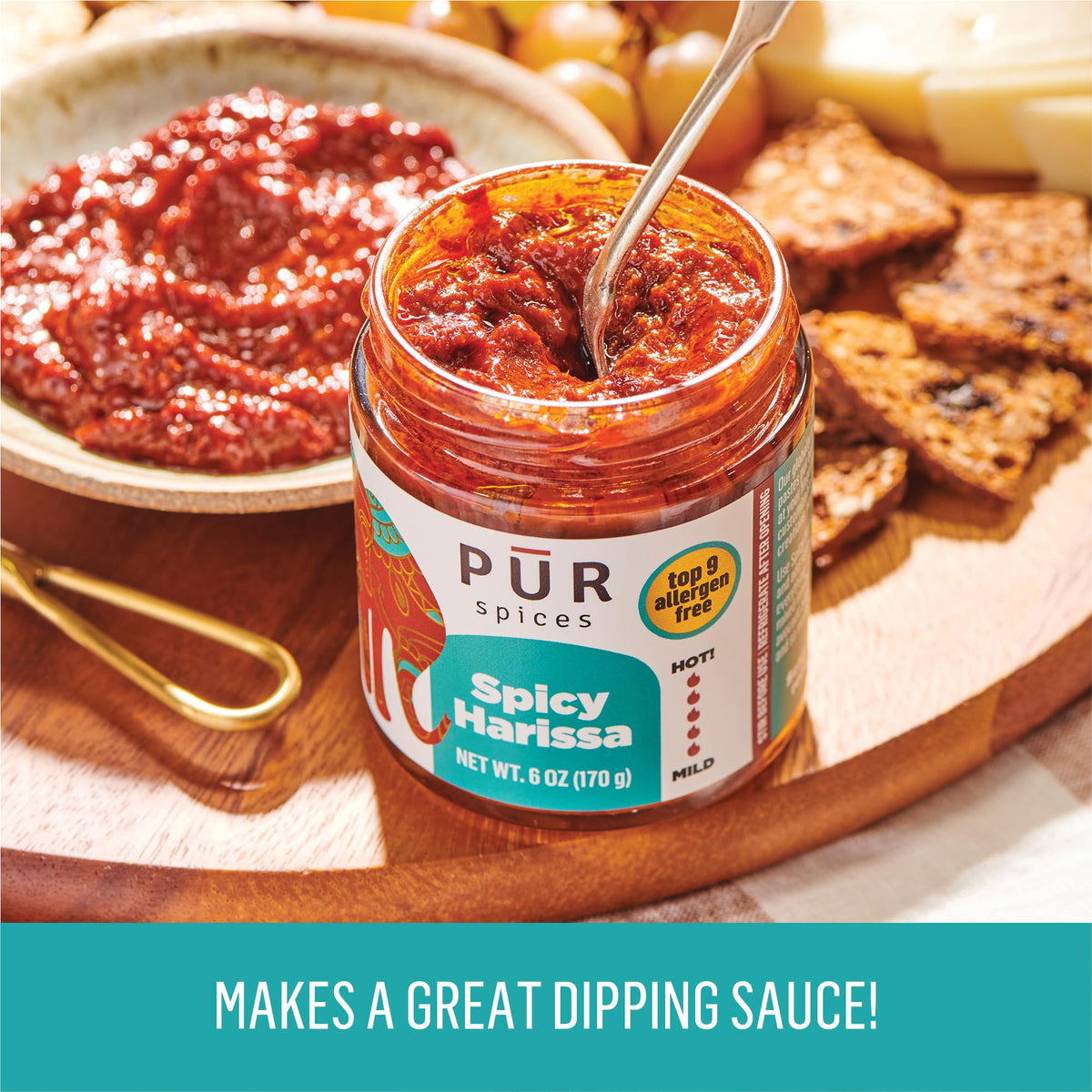 Falafel and hummus topped with PUR Spices harissa paste for extra flavor
