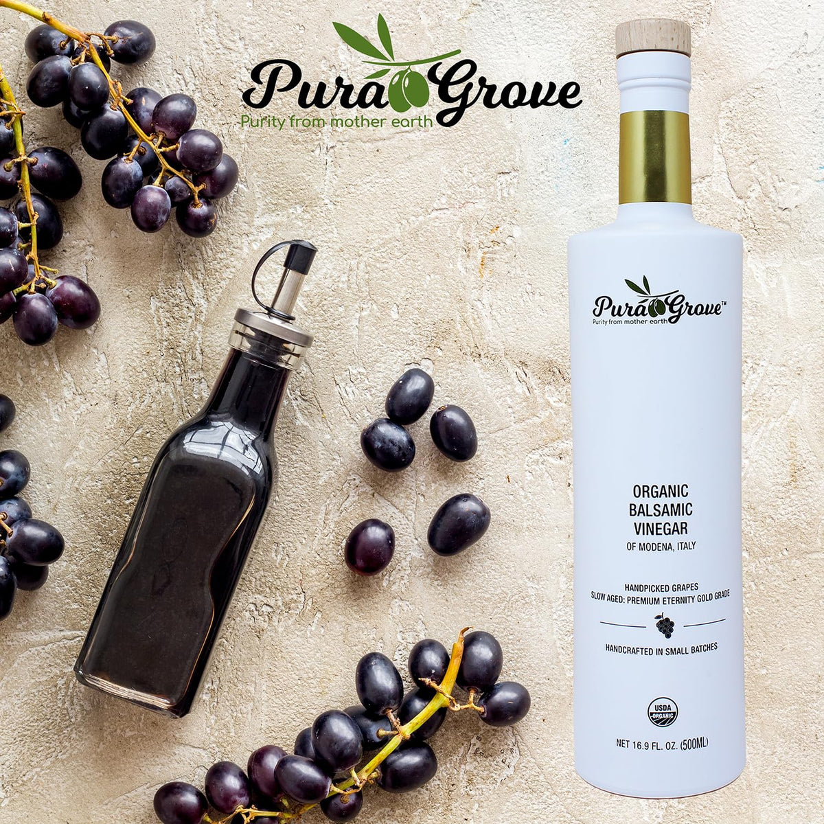 PURA GROVE balsamic glaze drizzle over salad reflects gourmet dining at home