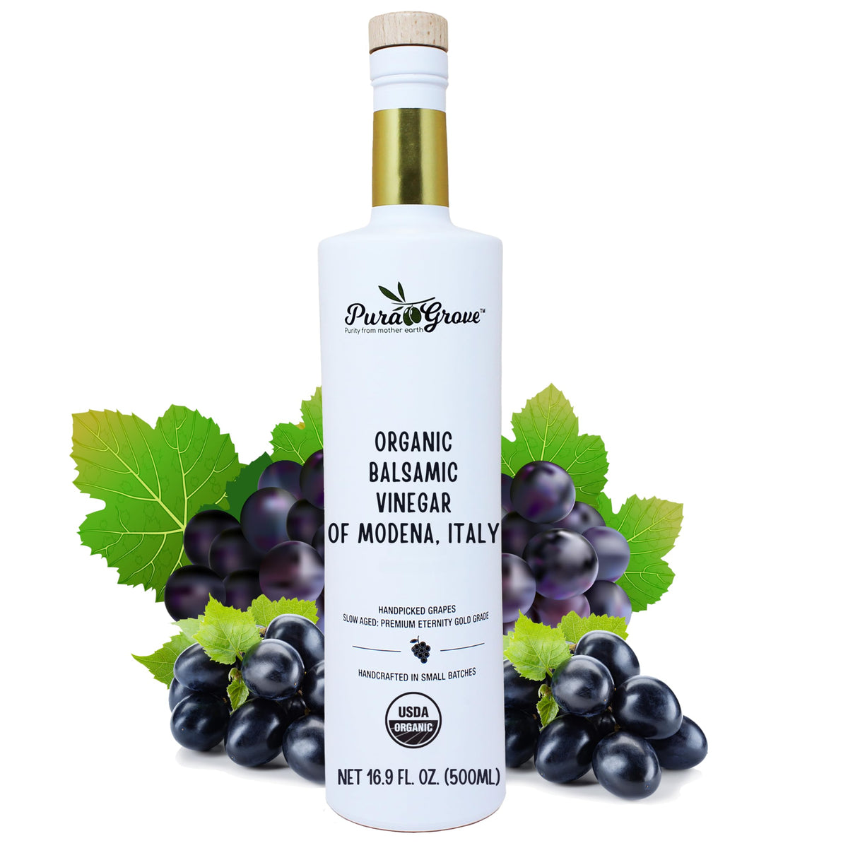 PURA GROVE organic balsamic vinegar bottle from Modena, rich and versatile for cooking