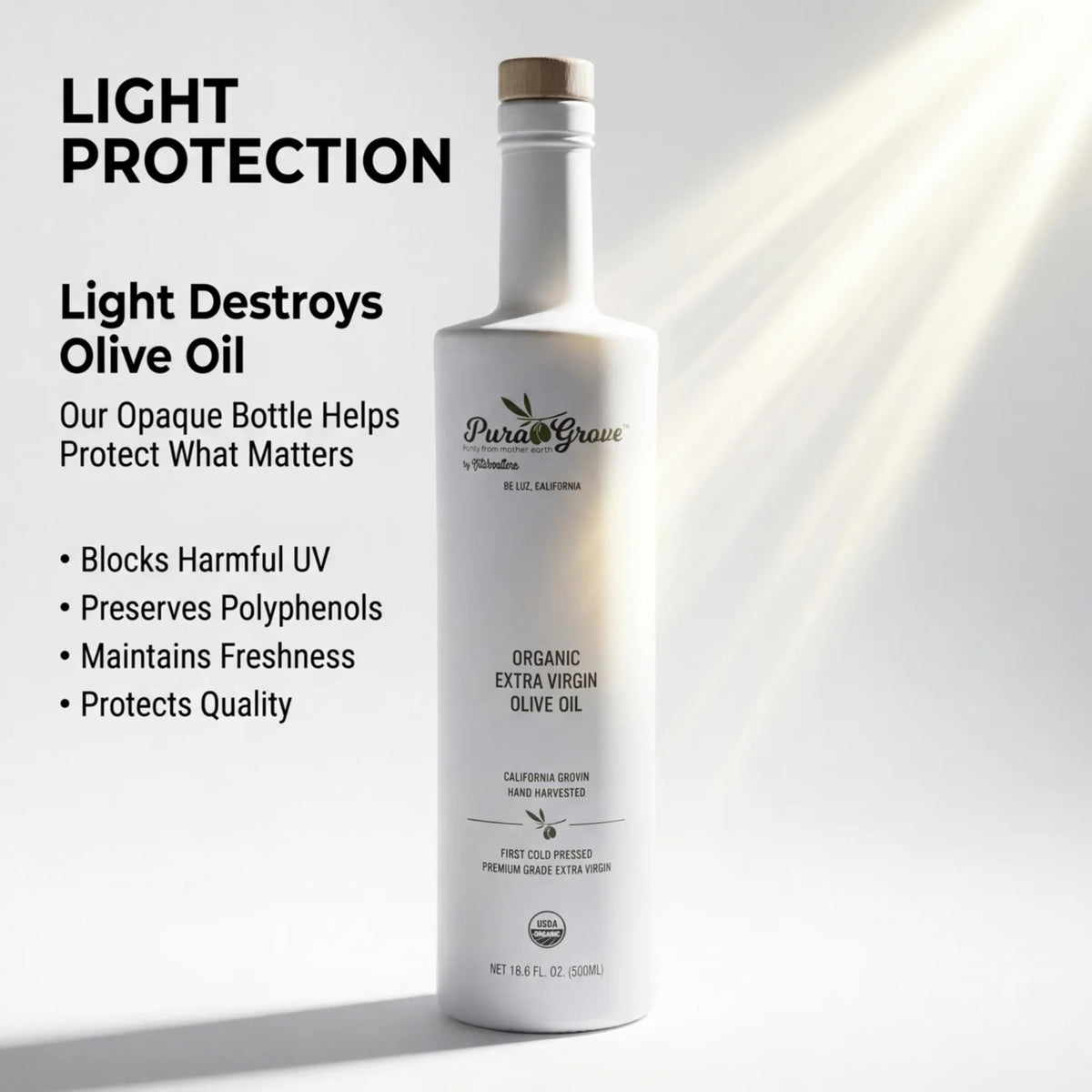 Pura Grove bottle pouring olive oil, ideal for drizzling on salads.