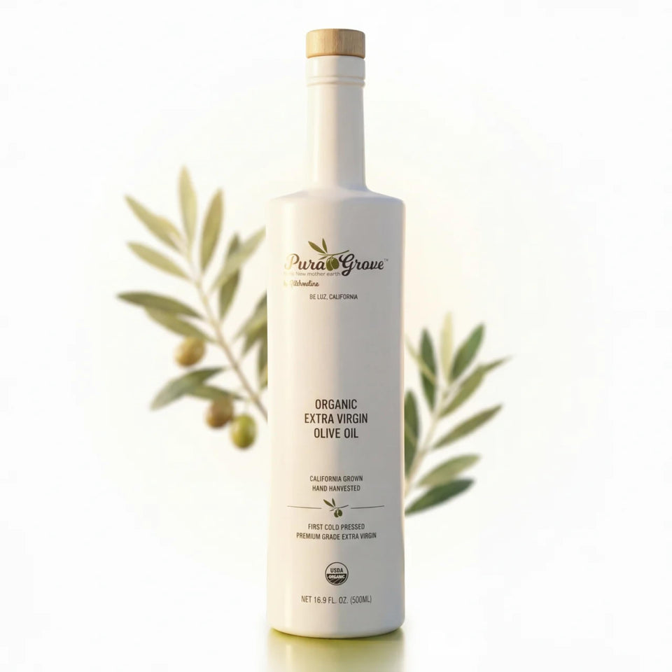 Pura Grove olive oil bottle close-up highlighting premium packaging that preserves freshness.