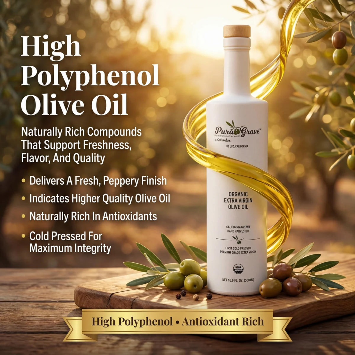 Pura Grove label close-up communicates organic certification and quality you can trust.