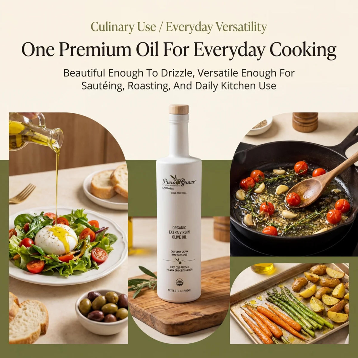Pura Grove bottle label highlights high polyphenol content and flavor potential.