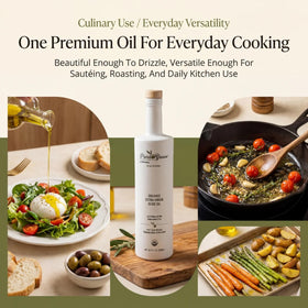 Pura Grove bottle label highlights high polyphenol content and flavor potential.