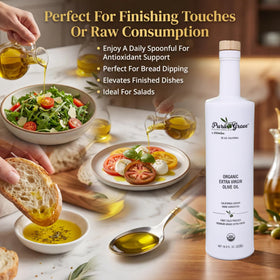 Pura Grove bottle pouring olive oil, ideal for drizzling on salads.