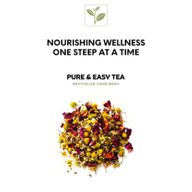 Pure And Easy Tea ingredients display showing echinacea, eucalyptus, and ginger in a warm infusion