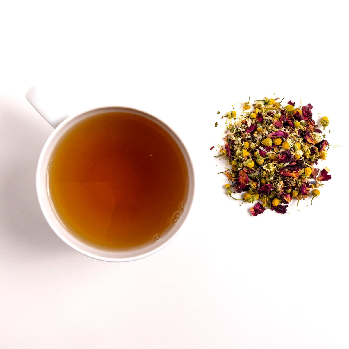 Pure And Easy Tea lavender buds and lemon balm aroma for unwinding.