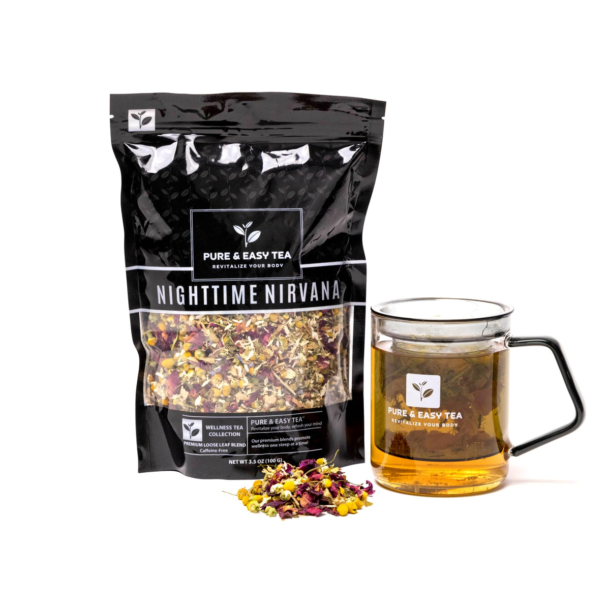 Pure And Easy Tea Nighttime Nirvana loose leaf blend ready for a calming evening brew.