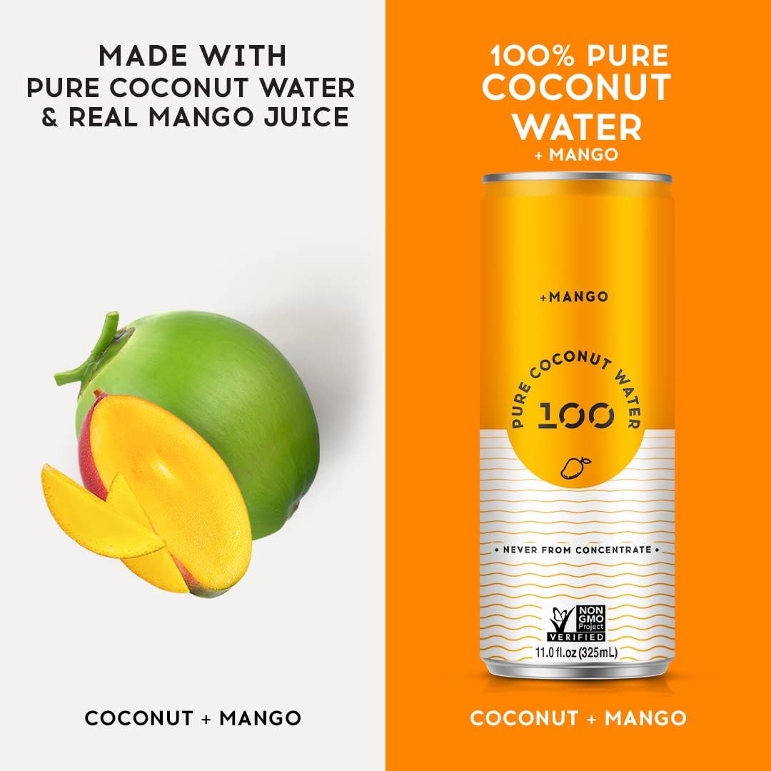 Pure Coconut Water 100 ingredients label highlighting vegan, non-GMO, natural