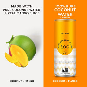 Pure Coconut Water 100 ingredients label highlighting vegan, non-GMO, natural