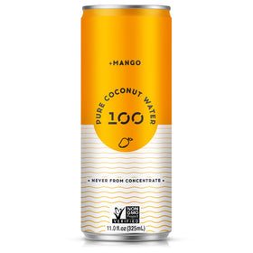 Pure Coconut Water 100 Mango bottle showing tropical mango aroma and hydration benefits