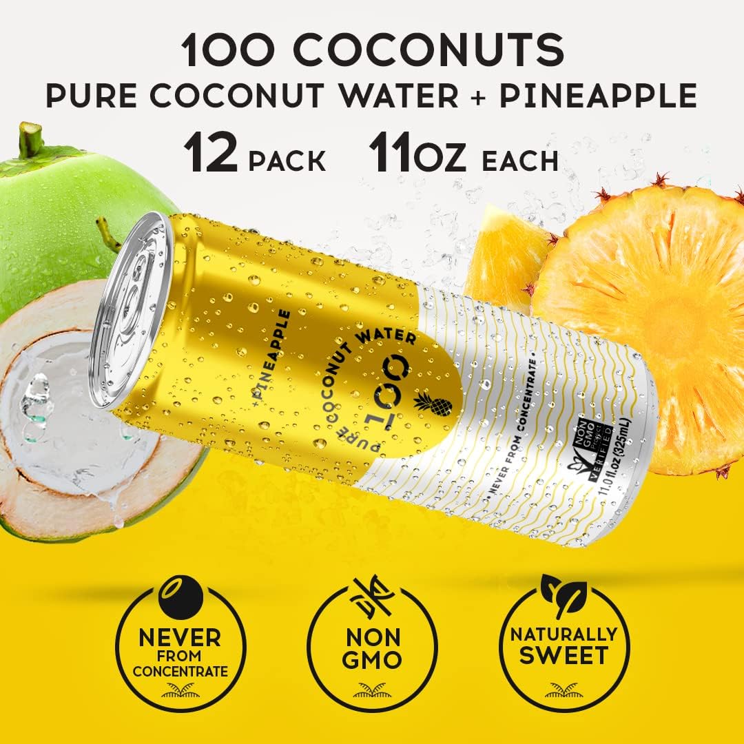 Pure Coconut Water 100 pineapple bottle pouring for crisp hydration on the go.