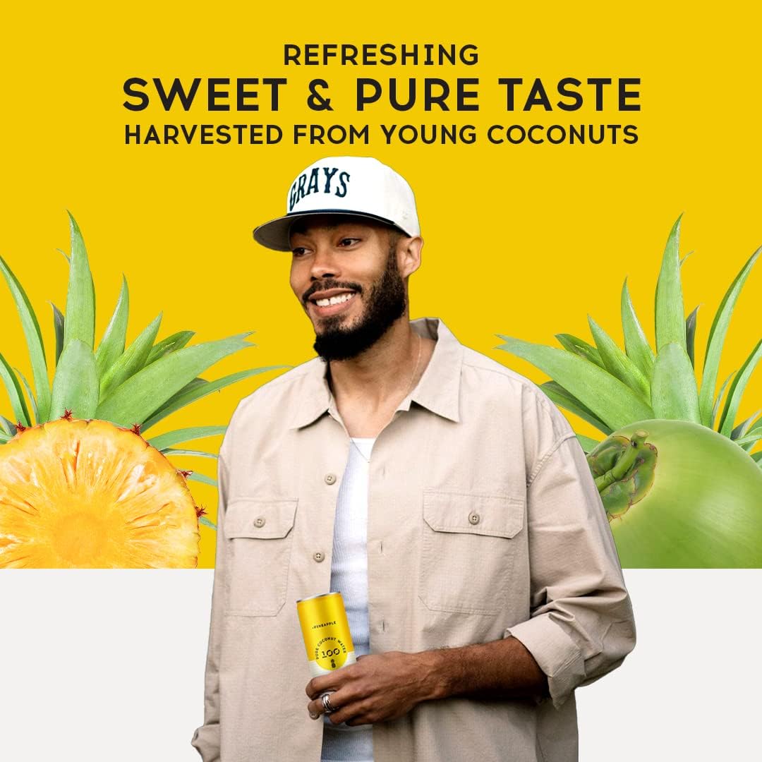 Pure Coconut Water 100 pineapple-flavored drink near workout setup for thirst-quenching option.