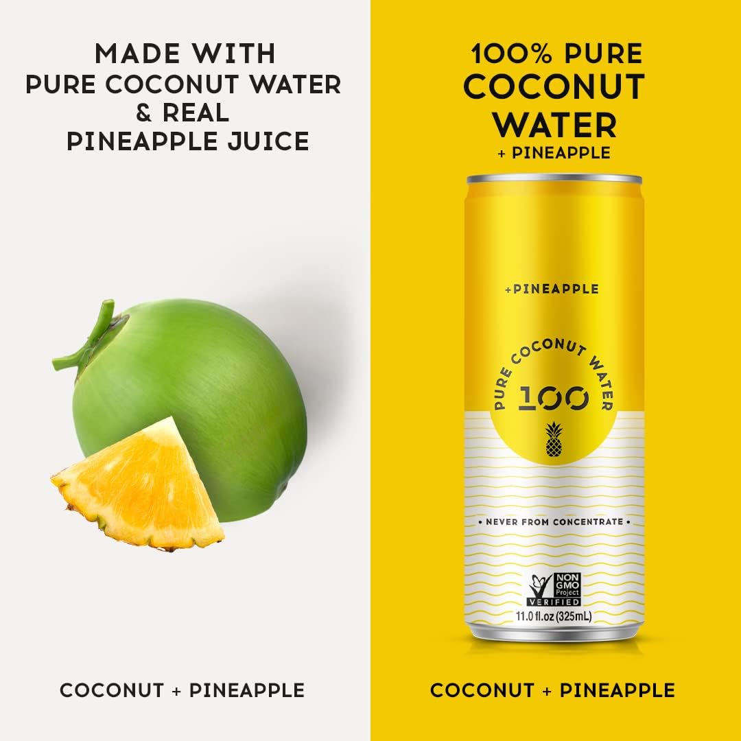 Pure Coconut Water 100 pineapple label close-up showing natural ingredients focus.