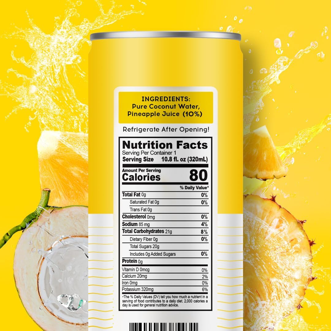 Pure Coconut Water 100 pineapple packaging highlighting Non-GMO and no preservatives.