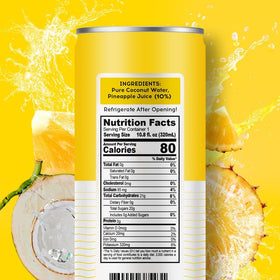 Pure Coconut Water 100 pineapple packaging highlighting Non-GMO and no preservatives.