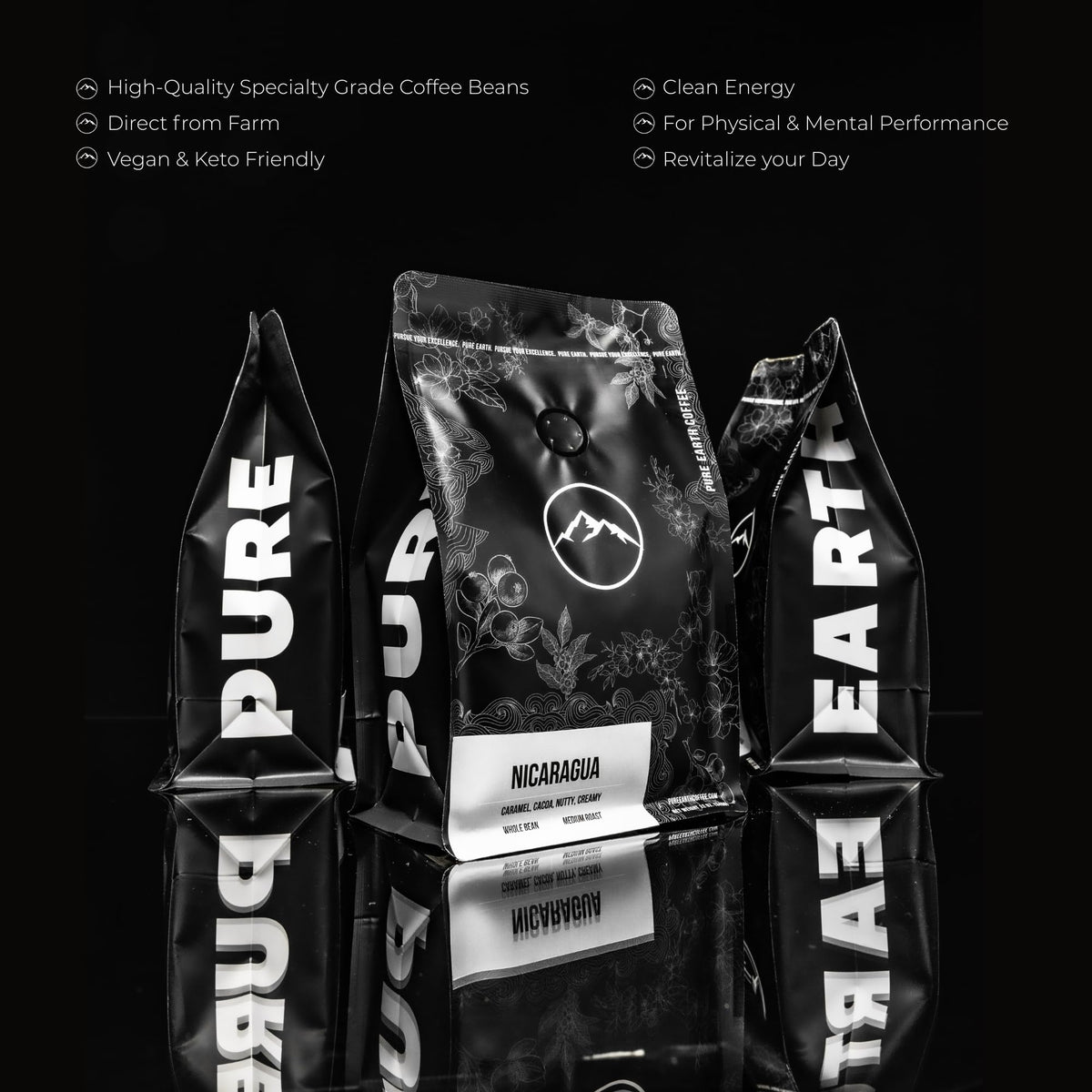 Pure Earth Coffee Co bag label emphasizes direct farm sourcing and freshness