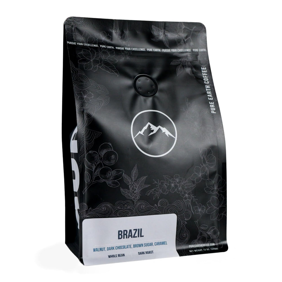 Pure Earth Coffee Co Brazil single-origin dark roast bag highlights bold flavor and fresh aroma