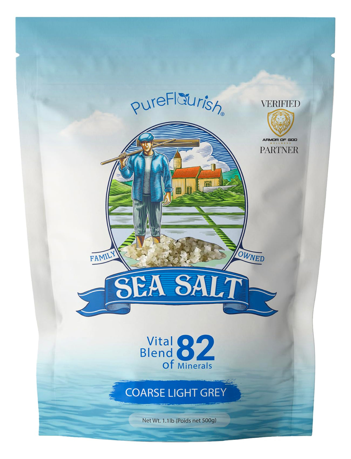 Pure Flourish coarse salt bag close-up shows moist gray crystals for daily cooking.