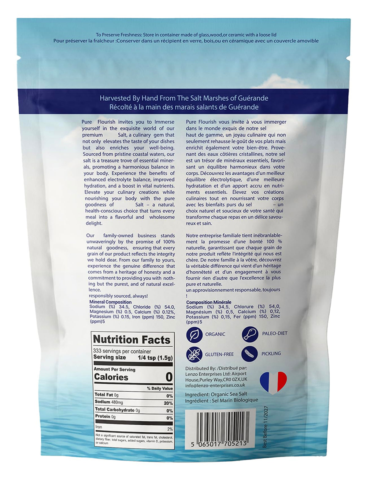 Pure Flourish coarse salt crystal texture highlights mineral-rich, unrefined quality.