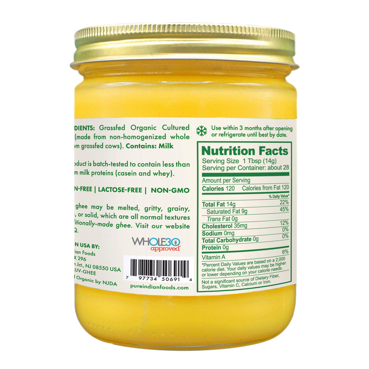 Golden liquid texture of Pure Indian Foods cultured ghee.