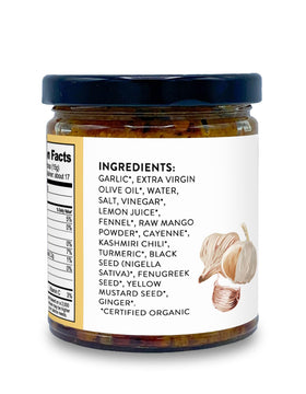 Pure Indian Foods family recipe bottle, handmade in small batches for quality