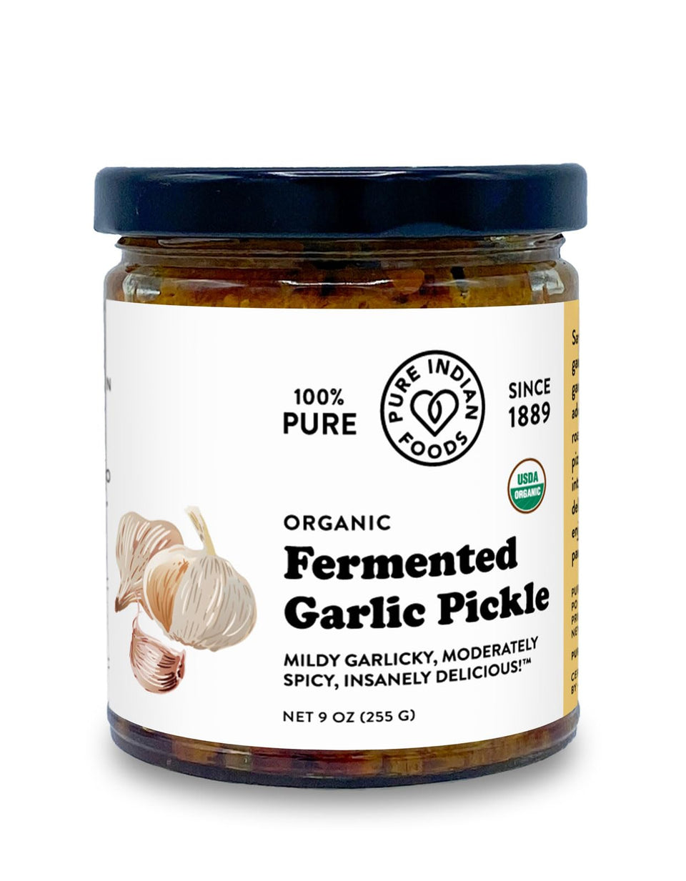 Pure Indian Foods Fermented Garlic Pickle jar with vibrant color, ideal condiment for enhancing meals