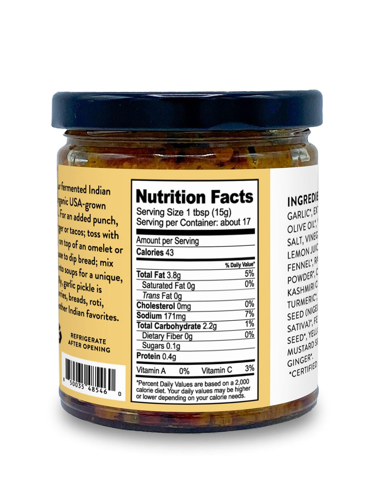 Pure Indian Foods garlic pickle on plate with naan, adds savory tang to meals