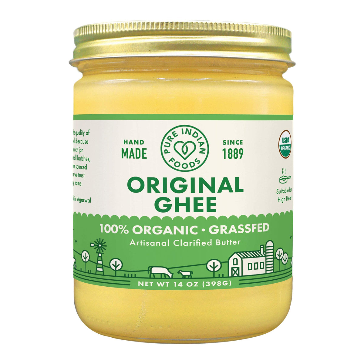 Pure Indian Foods ghee bottle on kitchen counter, premium flavor ready for sautéing.