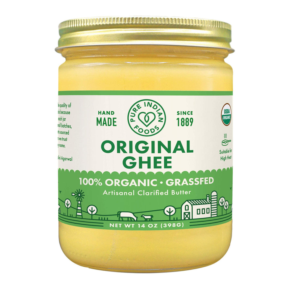 Pure Indian Foods ghee bottle on kitchen counter, premium flavor ready for sautéing.
