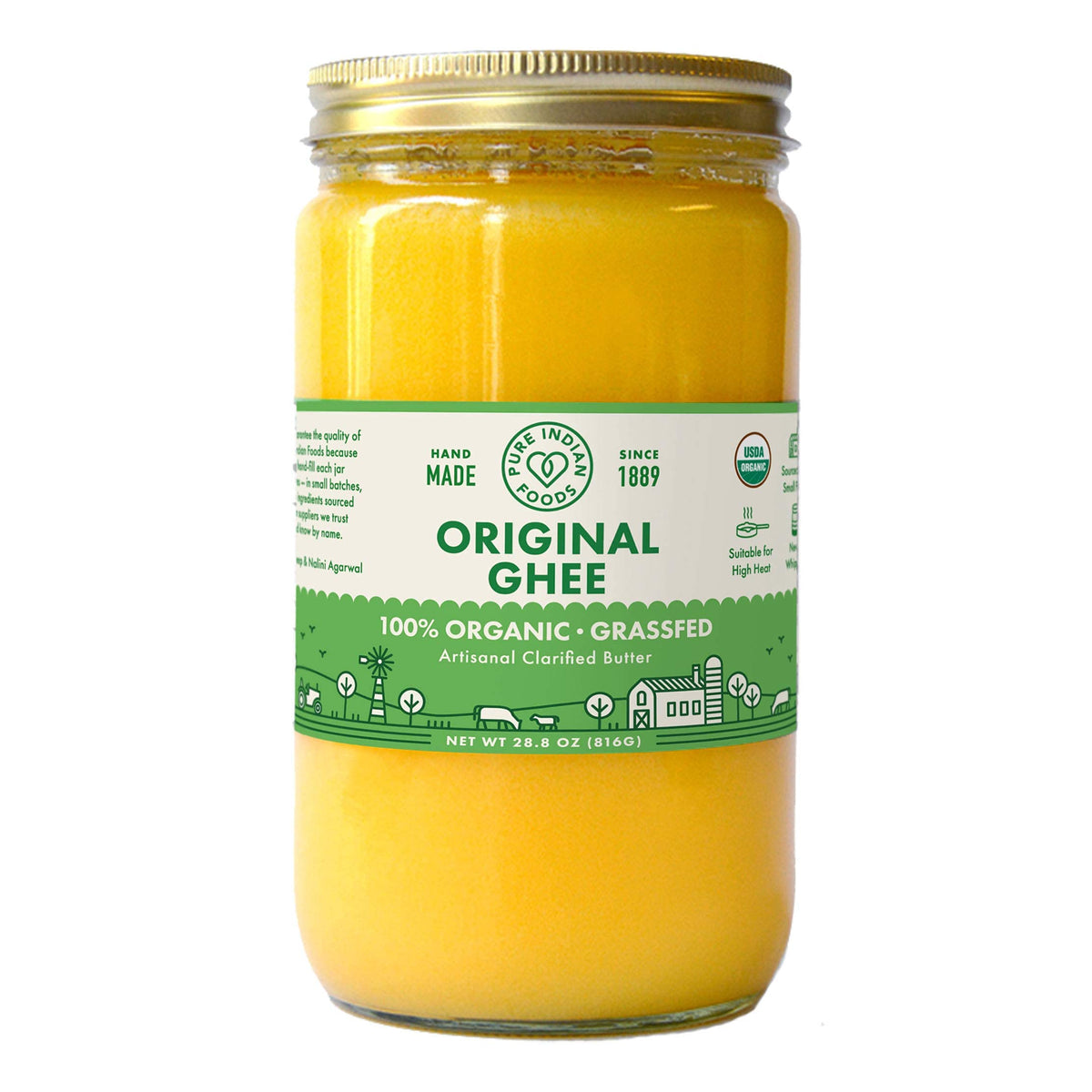 Pure Indian Foods ghee jar—premium grassfed clarified butter ready for gourmet cooking.