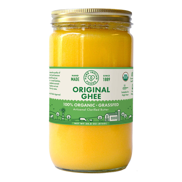 Pure Indian Foods ghee jar—premium grassfed clarified butter ready for gourmet cooking.